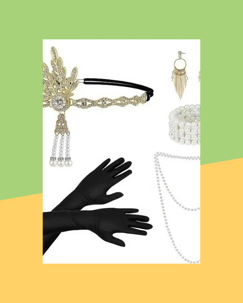 Kit Accessoires Années 20 Femme – Bandeau, Gants et Collier - photo premium Panoplia