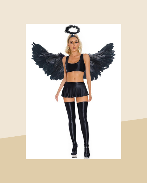 Déguisement Ange Sexy – Crop Top Brillant, Mini-Jupe, Bas et Ailes - photo premium Panoplia