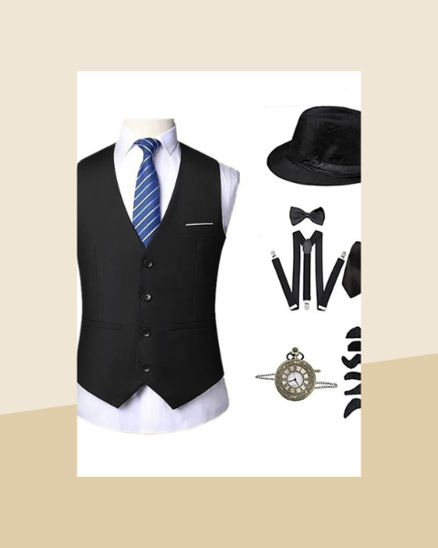 Costume Rétro Années 20 Homme – Gilet, Chapeau, Cravate et Montre - photo premium Panoplia
