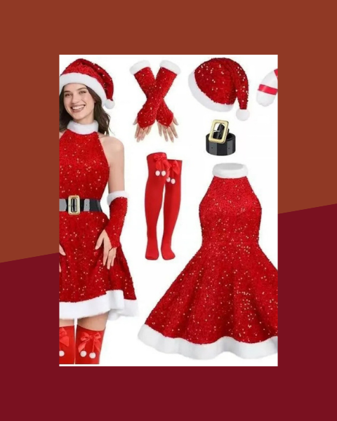 Déguisement Mère Noël Sexy – Robe Dos Nu, Bonnet, Gants et Bas - photo premium Panoplia