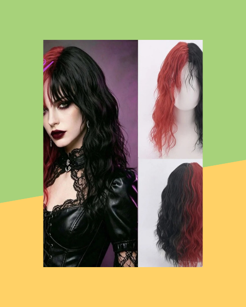 Perruque Gothique Mi-Noire Mi-Rouge - photo premium Panoplia