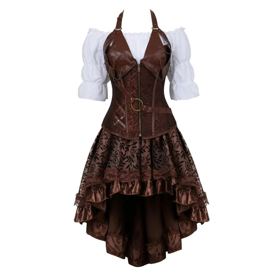 Déguisement Pirate Steampunk Femme 3 Pièces – Corset, Blouse et Jupe