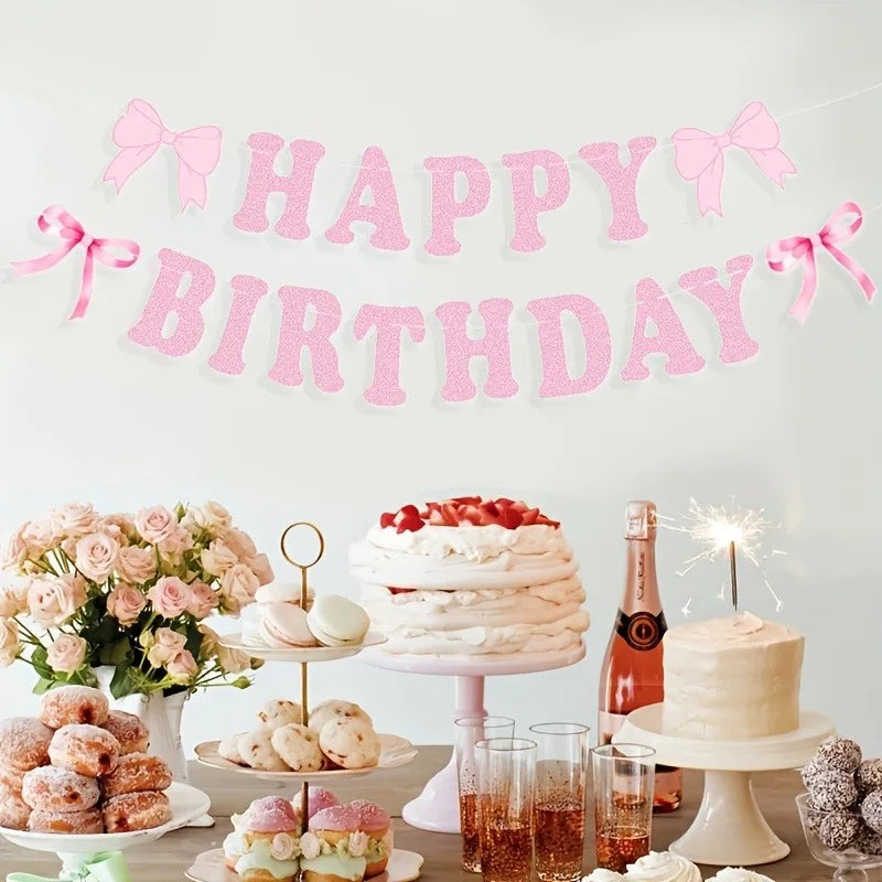 Bannière Happy Birthday Rose Pailletée avec Nœuds
