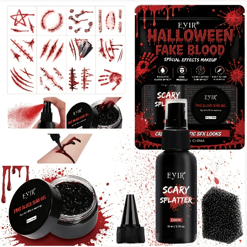 Kit Maquillage Faux Sang Complet – Spray, Pâte et Fausses Blessures 3D