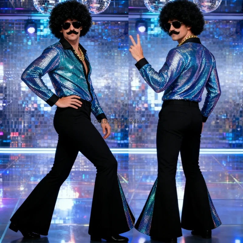 Costume Disco Homme – Chemise Dorée et Pantalon Pattes d'Éléphant