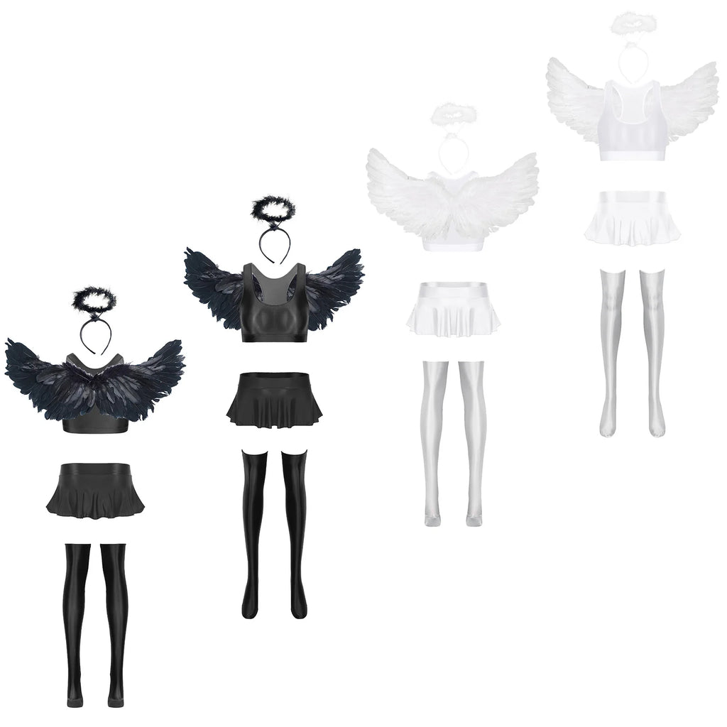 Déguisement Ange Sexy – Crop Top Brillant, Mini-Jupe, Bas et Ailes – vue 4