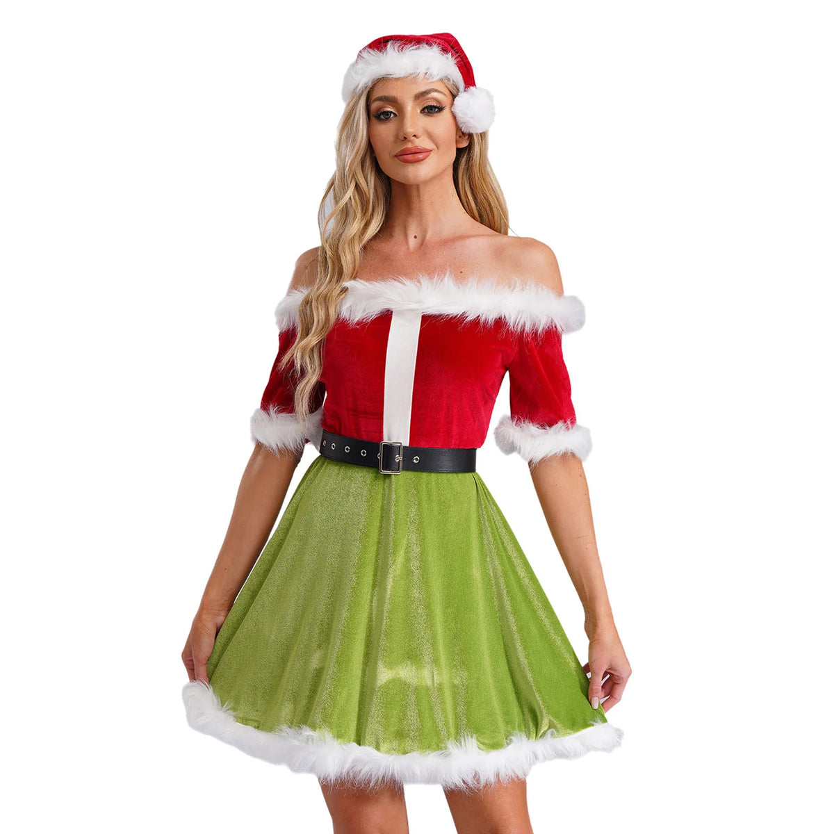 Robe Mère Noël Épaules Dénudées avec Ceinture