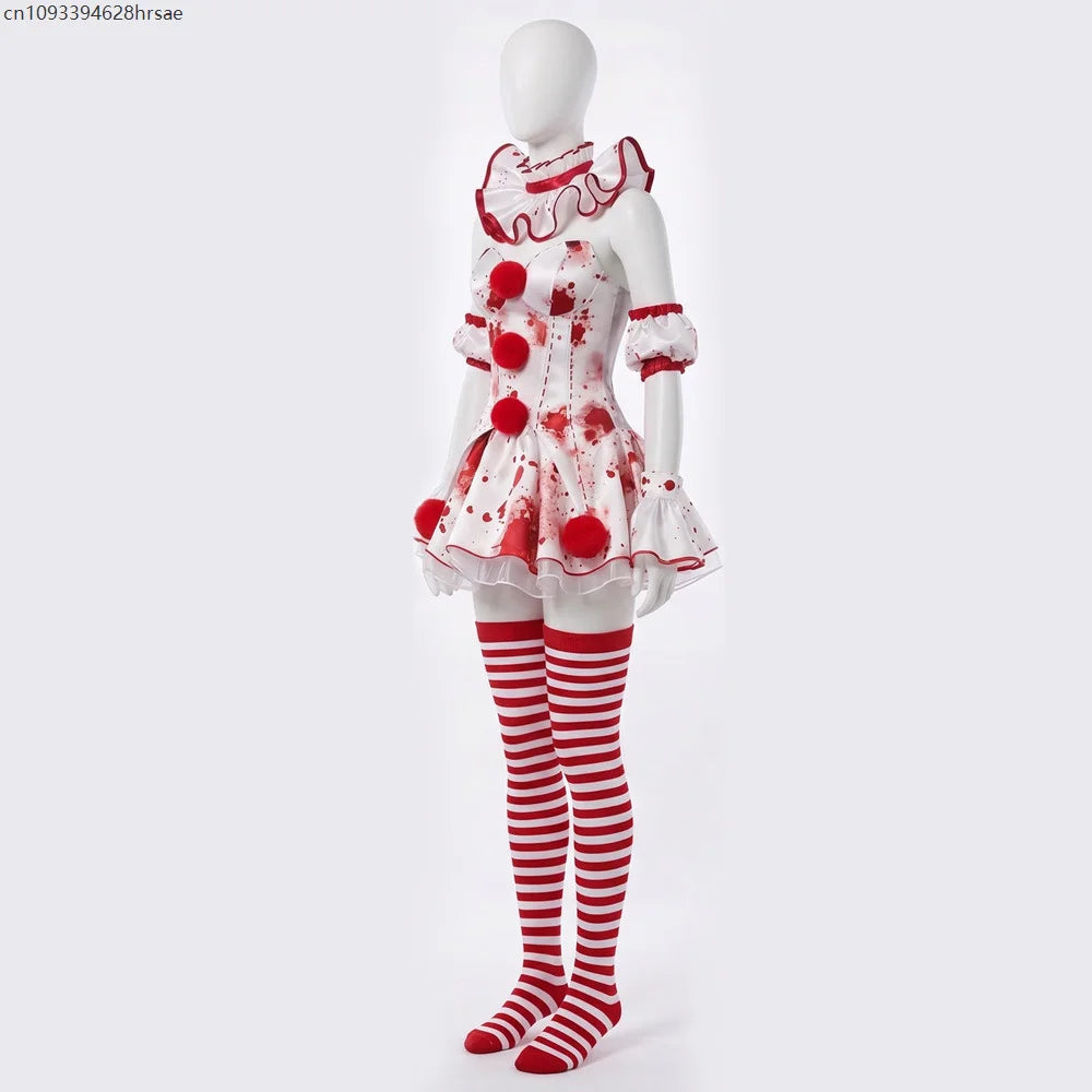 Déguisement Clown Sanglant Femme – Robe Rouge et Blanche avec Bas – vue 4
