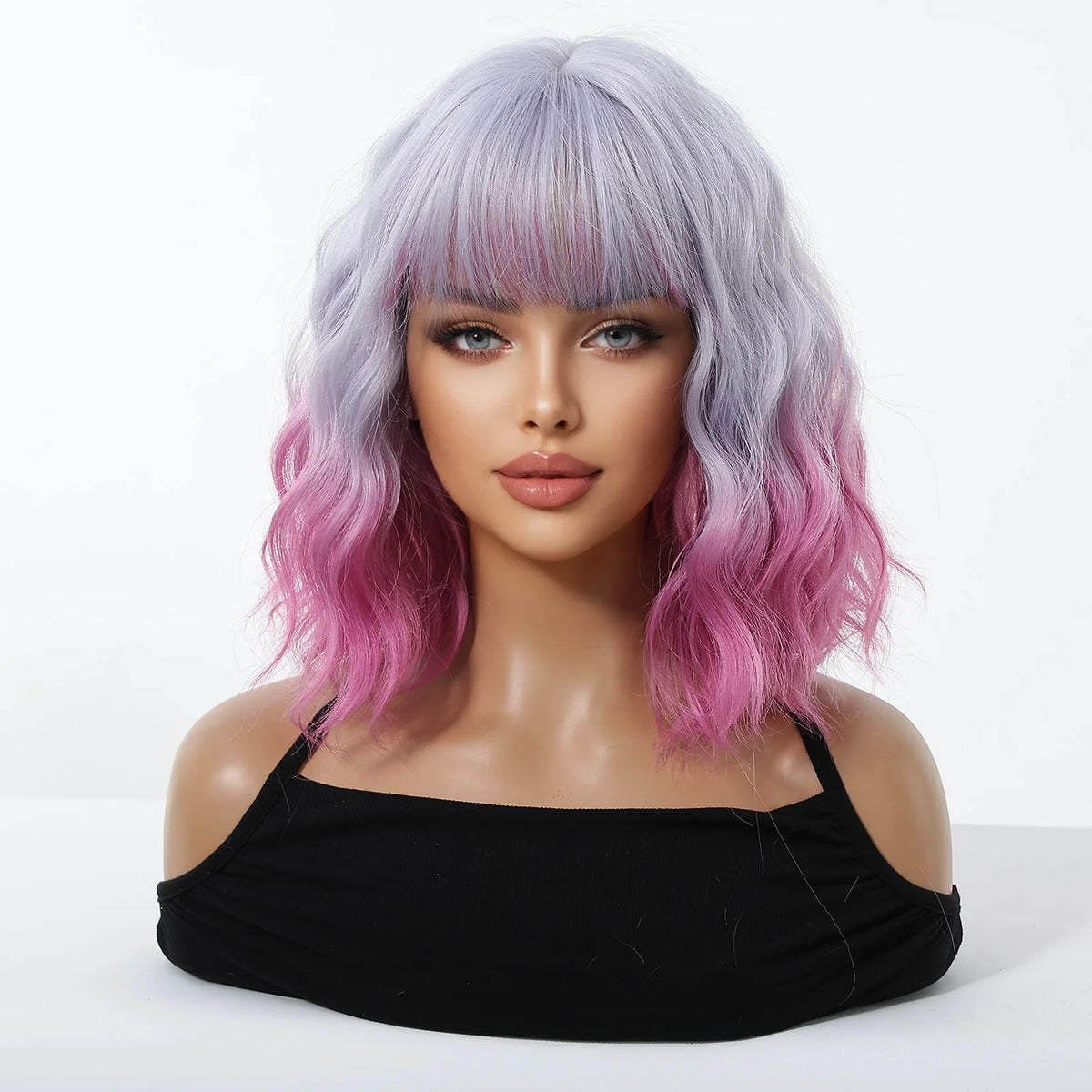 Perruque Carré Bouclée Dégradé Violet Rose avec Frange – vue 3