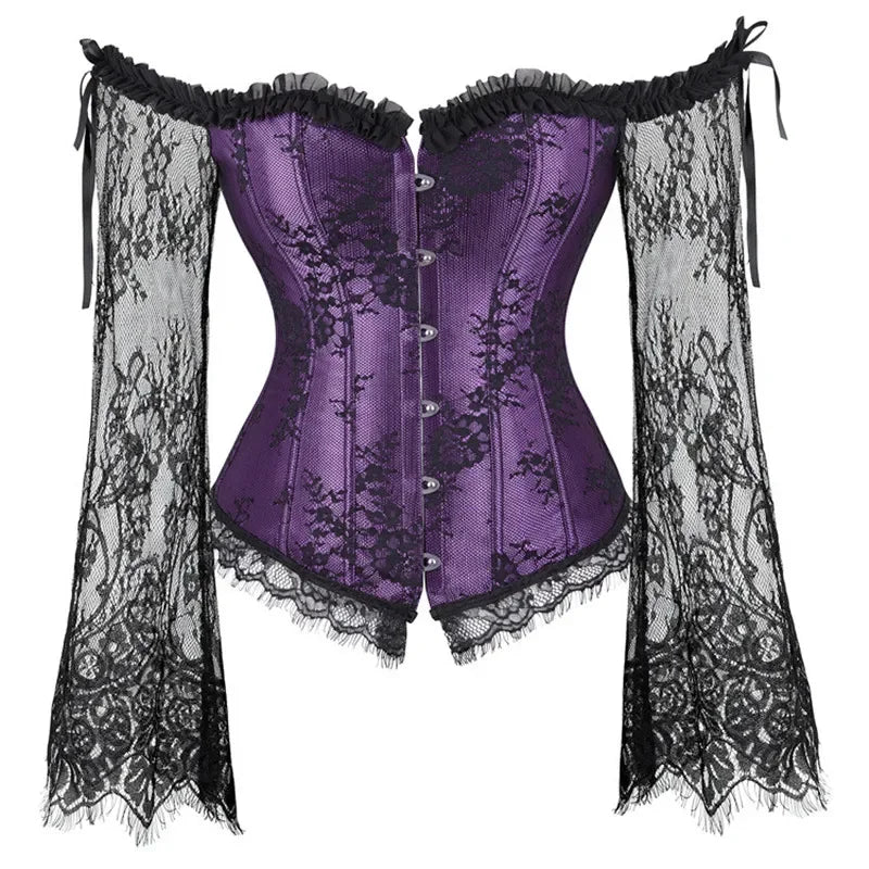 Corset Gothique à Manches en Dentelle – Bustier Jacquard Fleuri
