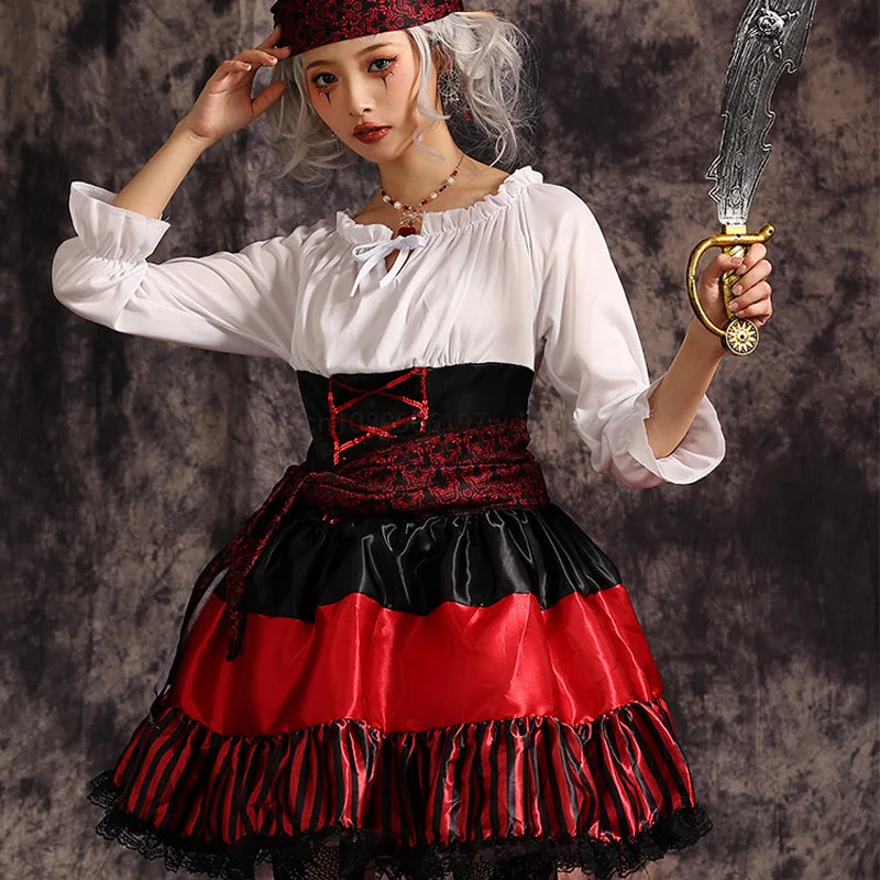 Déguisement Reine Pirate Femme – Rayures Rouges et Dentelle – vue 3