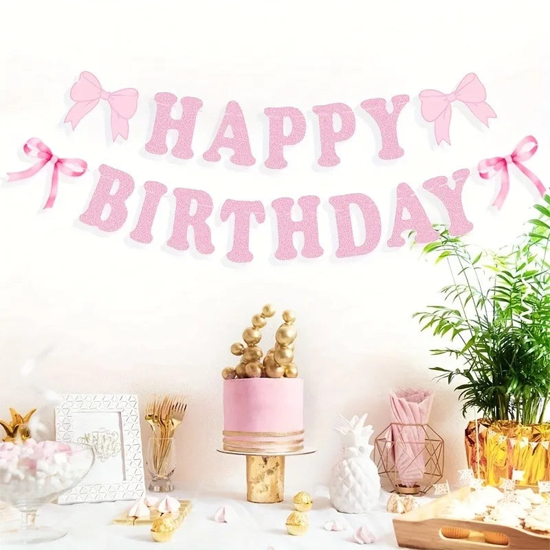 Bannière Happy Birthday Rose Pailletée avec Nœuds – vue 3