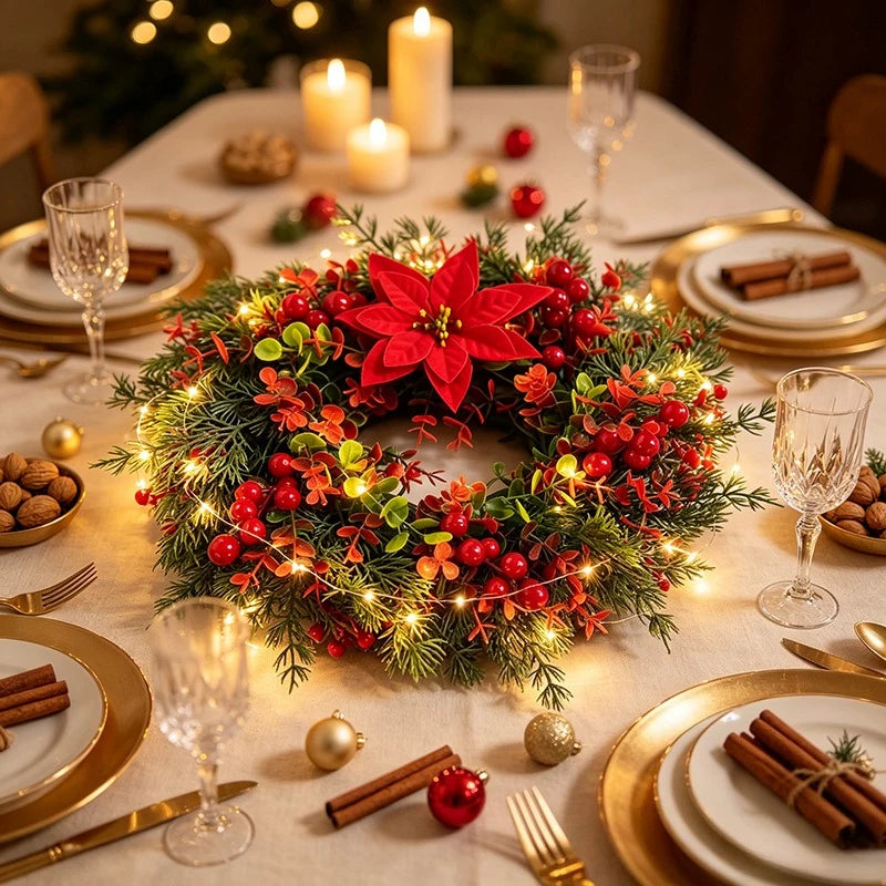 Couronne de Noël Lumineuse Pin et Eucalyptus avec Baies Rouges – vue 3