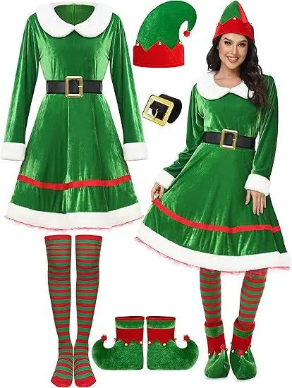 Robe Mère Noël en Velours avec Chaussettes Rayées et Bonnet de Lutin – vue 7