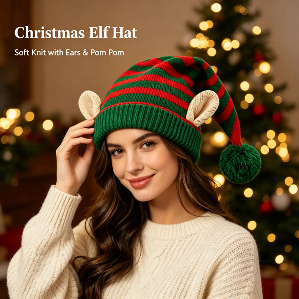 Bonnet de Lutin Rayé avec Oreilles et Pompon – Rouge, Vert ou Blanc – vue 2