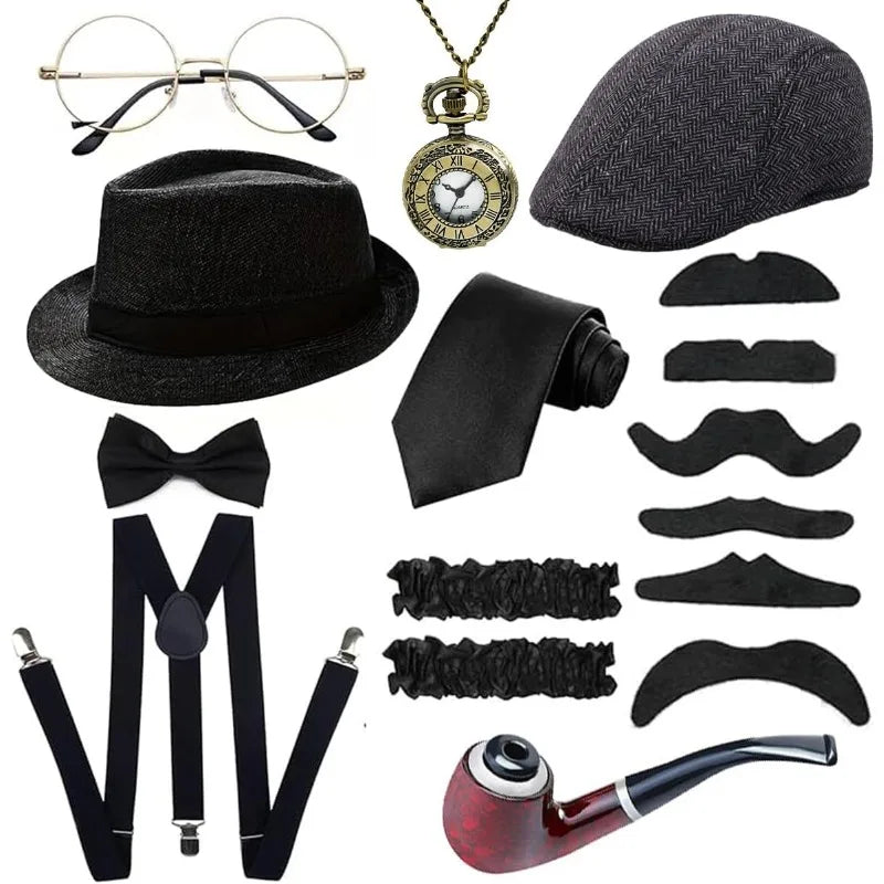 Kit Accessoires Années 20 Homme – Béret, Bretelles et Montre à Gousset