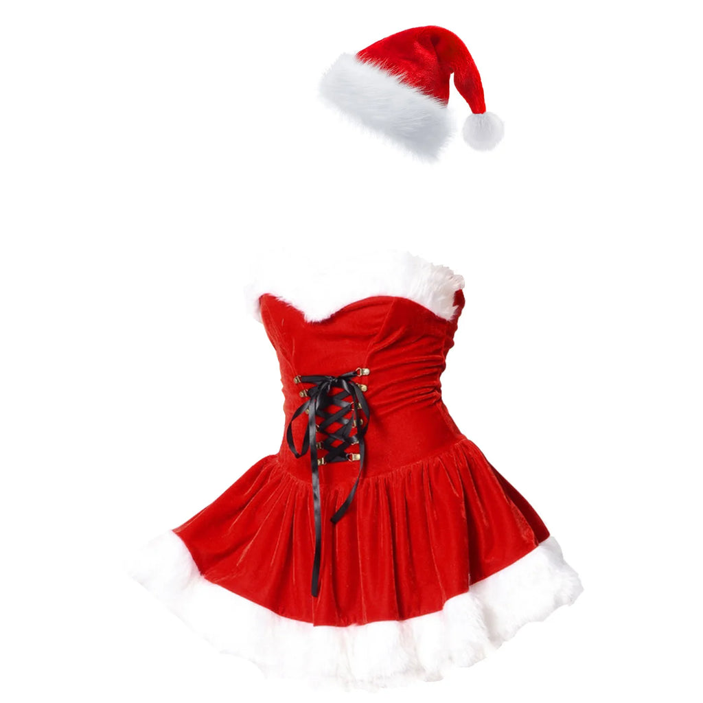 Mini-Robe Bustier Mère Noël Sexy en Velours avec Bonnet – vue 7