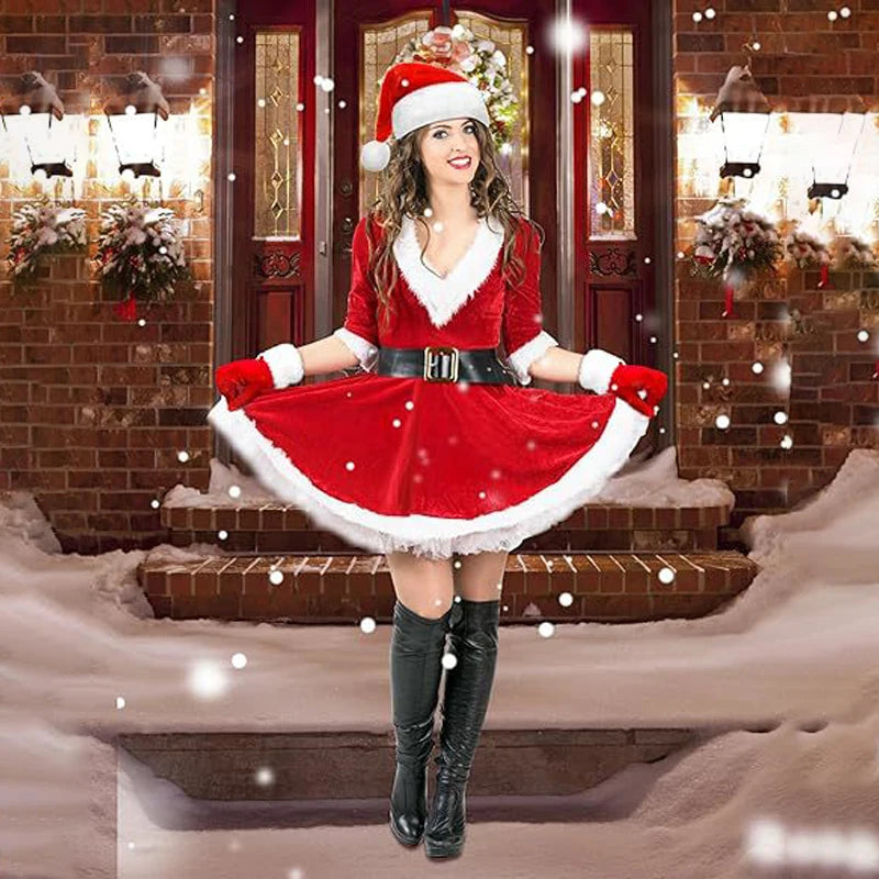 Robe Mère Noël en Velours avec Chaussettes Rayées et Bonnet de Lutin – vue 4
