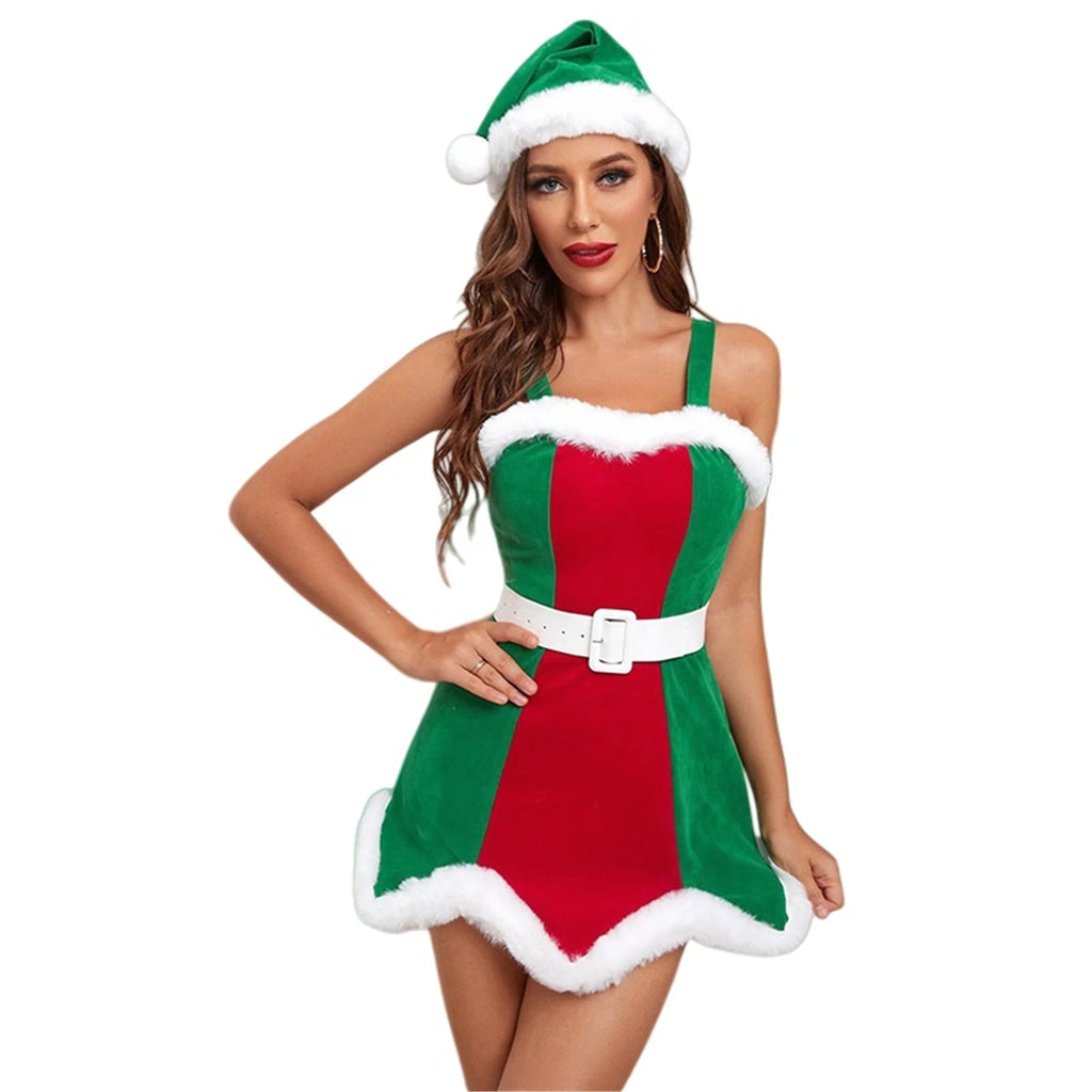 Robe Mère Noël Sexy à Bretelles avec Bonnet et Ceinture – vue 2