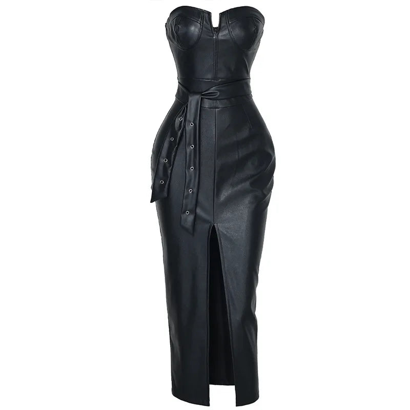 Robe Bustier Moulante en Simili-Cuir Fendue Sexy – vue 5