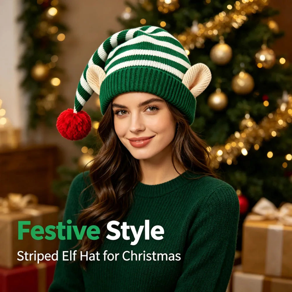 Bonnet de Lutin Rayé avec Oreilles et Pompon – Rouge, Vert ou Blanc – vue 5