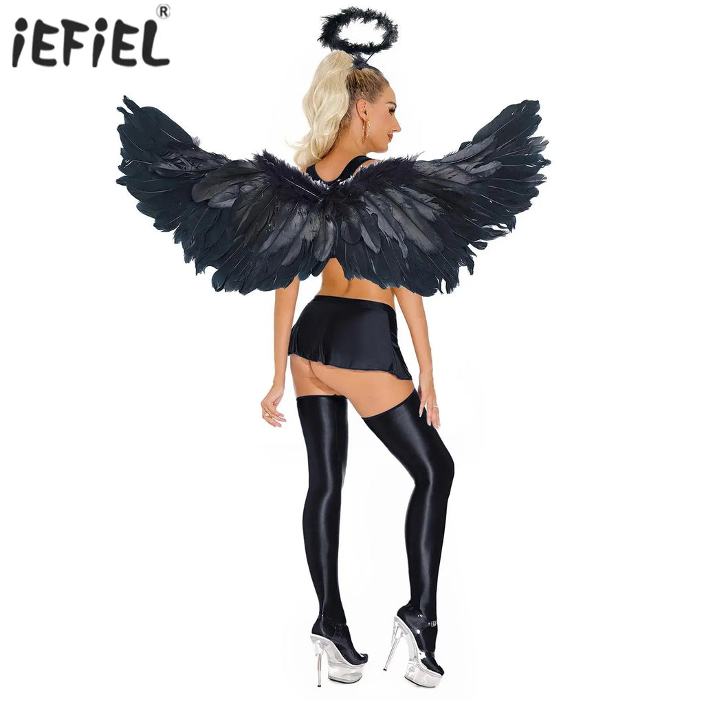 Déguisement Ange Sexy – Crop Top Brillant, Mini-Jupe, Bas et Ailes