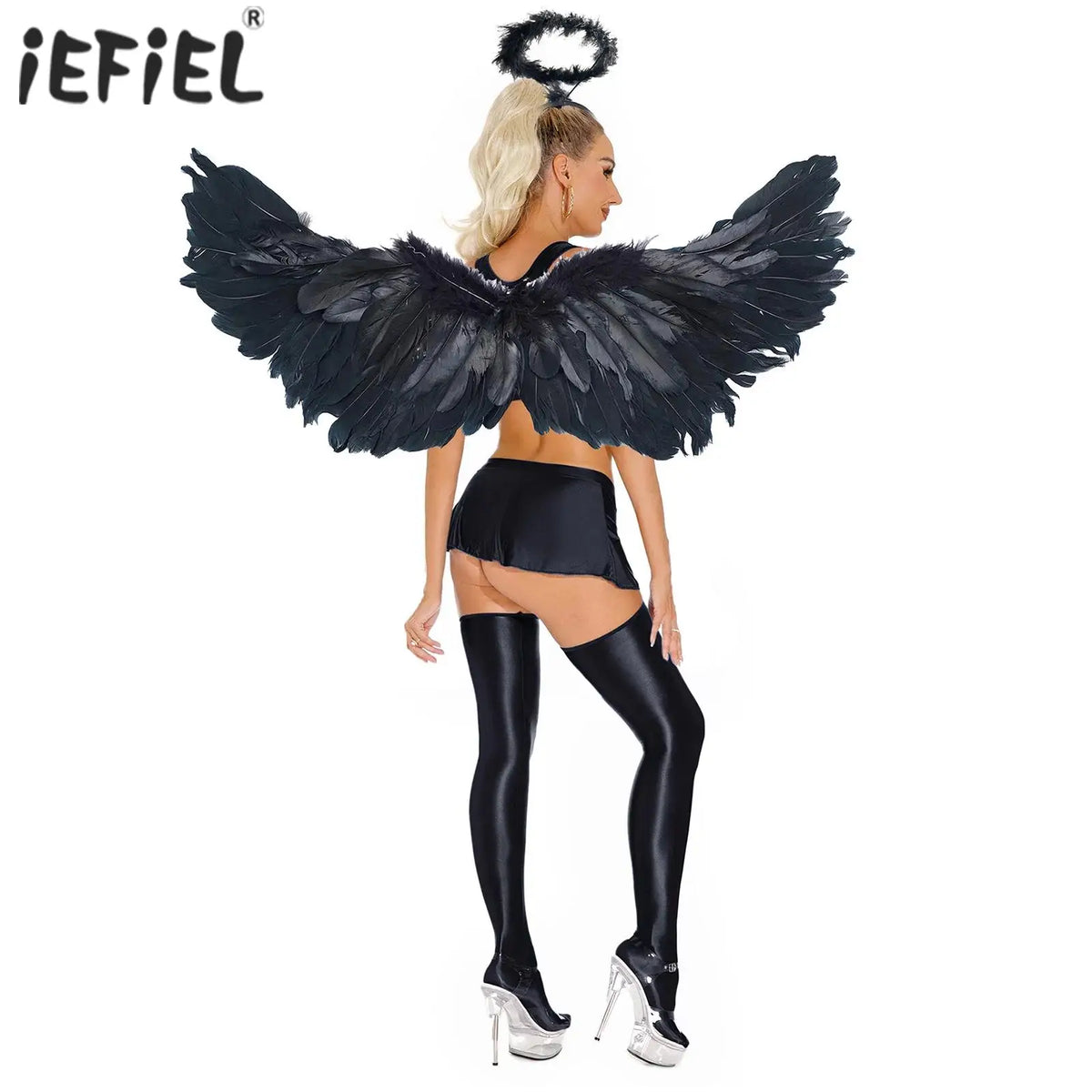 Déguisement Ange Sexy – Crop Top Brillant, Mini-Jupe, Bas et Ailes