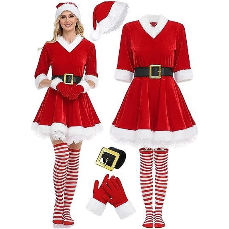 Robe Mère Noël en Velours avec Chaussettes Rayées et Bonnet de Lutin