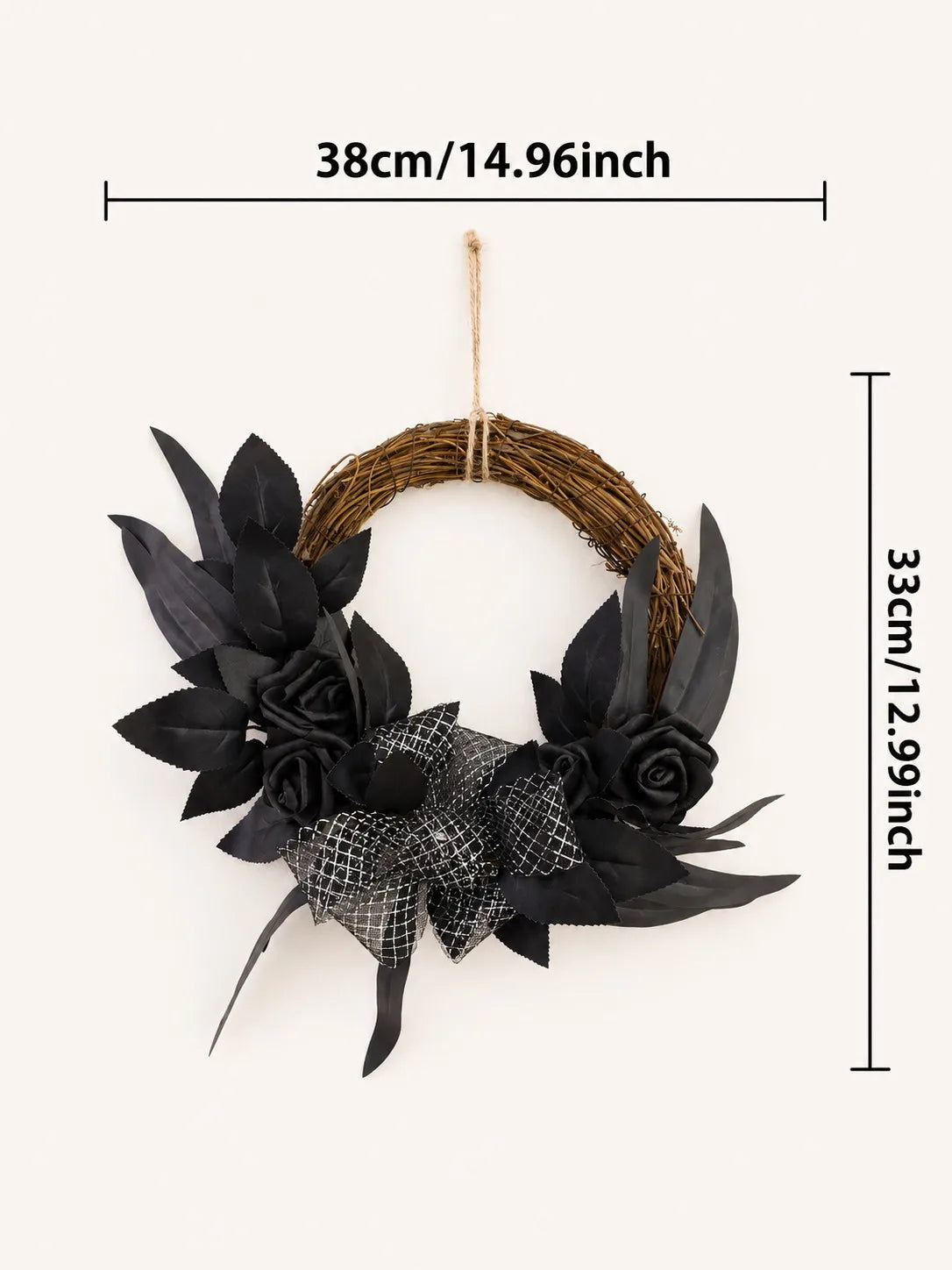 Couronne d'Halloween en Rotin - Crâne, Rose Rouge et Squelette – vue 8