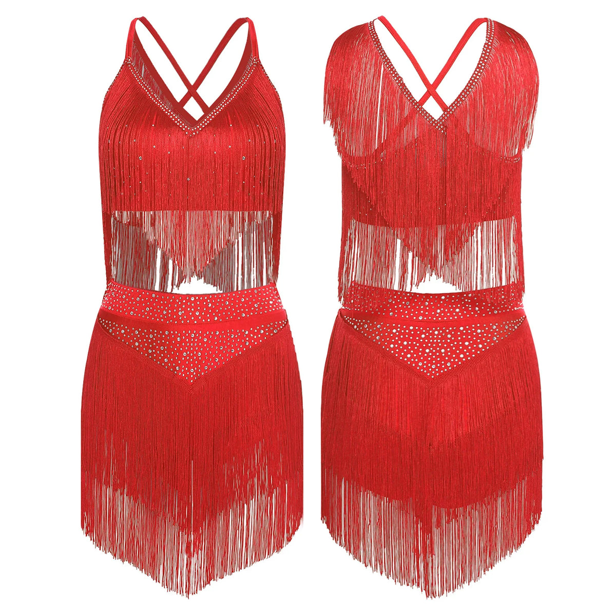 Costume de Danse Samba Latine Femme - Haut à Franges et Jupe à Pompons – vue 10