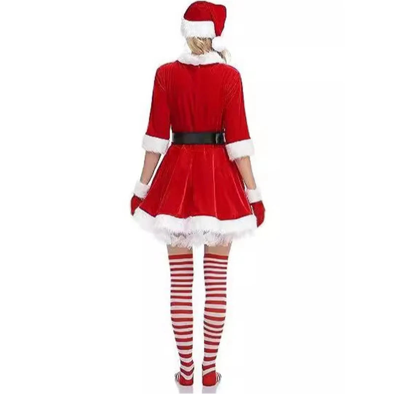 Robe Mère Noël en Velours avec Chaussettes Rayées et Bonnet de Lutin – vue 5