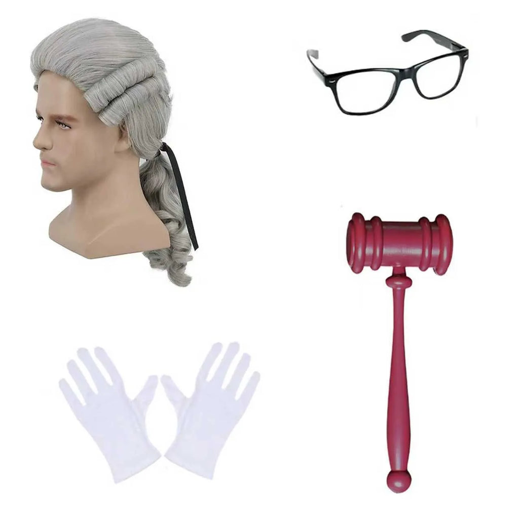 Costume de Juge 4 Pièces - Perruque, Marteau, Lunettes et Gants