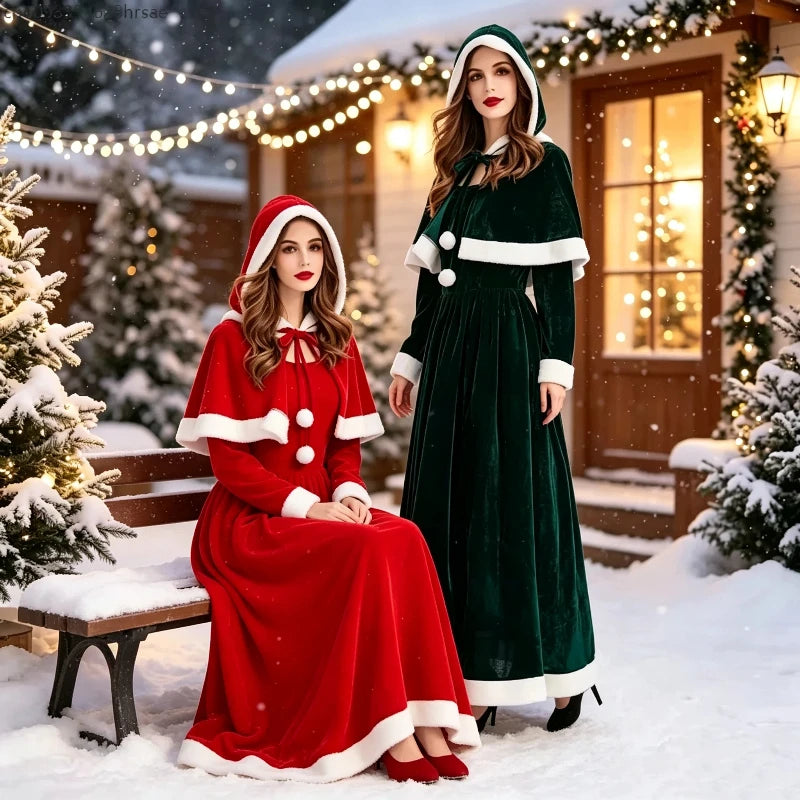 Robe Longue de Noël à Capuche Femme – Rouge ou Verte