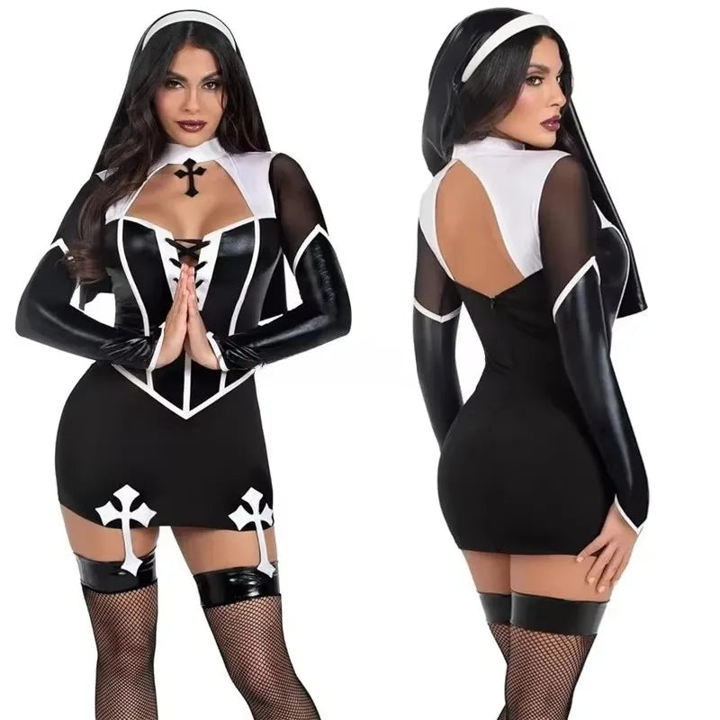 Déguisement Nonne Sexy en Simili-Cuir Noir