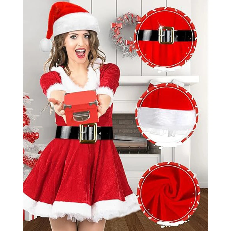Robe Mère Noël en Velours avec Chaussettes Rayées et Bonnet de Lutin – vue 2