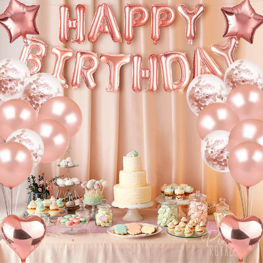Kit Décoration Ballons Happy Birthday Or Rose avec Confettis – vue 3