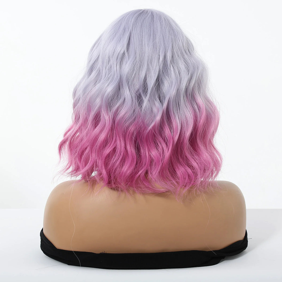 Perruque Carré Bouclée Dégradé Violet Rose avec Frange – vue 2