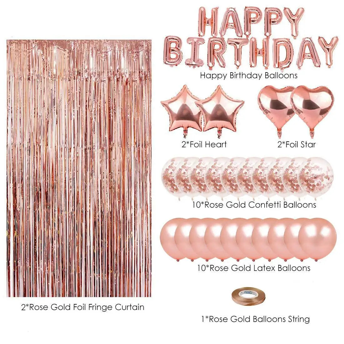 Kit Décoration Ballons Happy Birthday Or Rose avec Confettis – vue 2