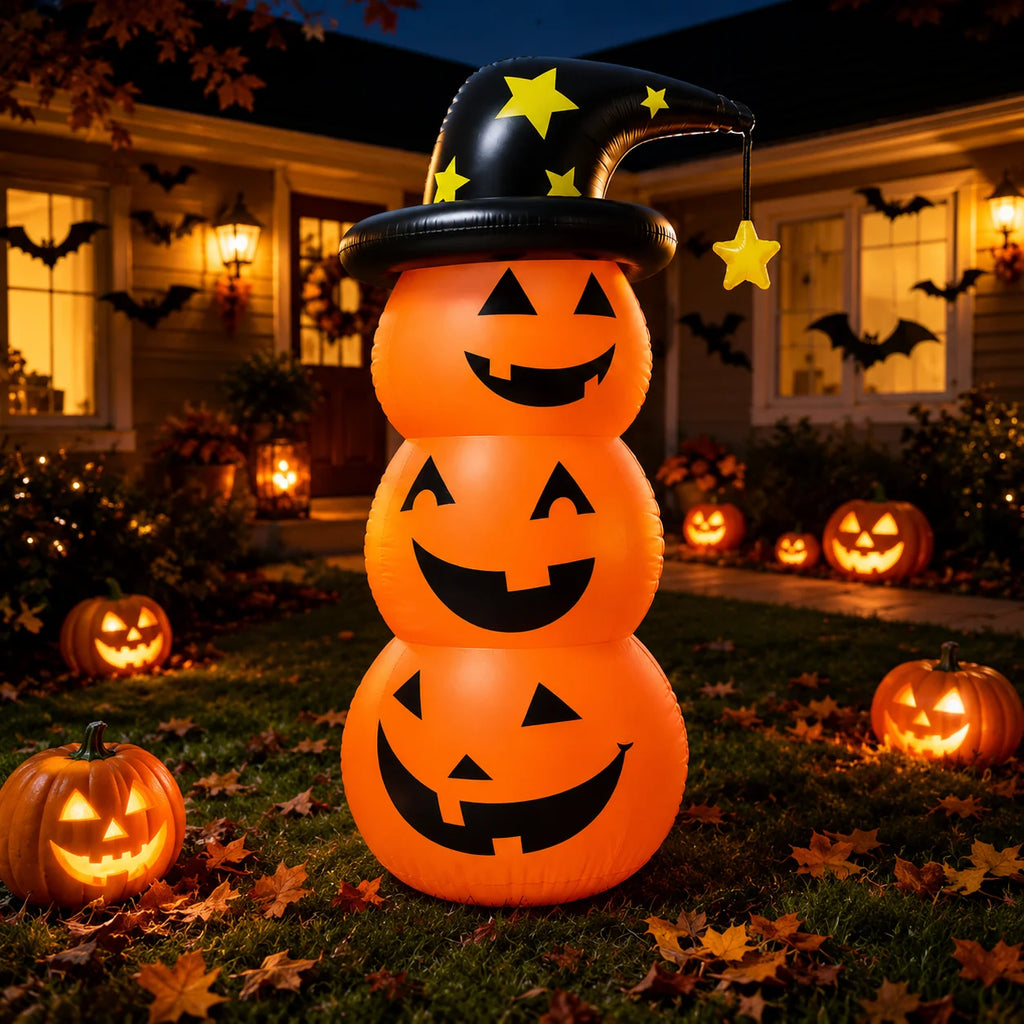 Décoration Gonflable Citrouilles Empilées avec Chapeau de Sorcière