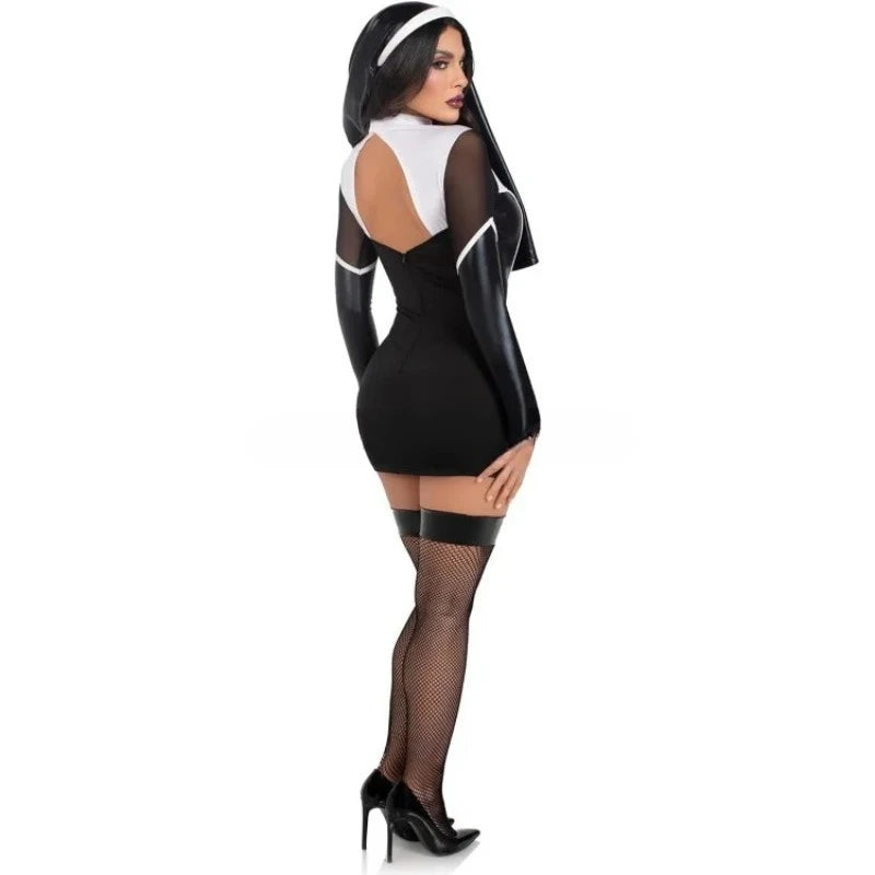 Déguisement Nonne Sexy en Simili-Cuir Noir – vue 5