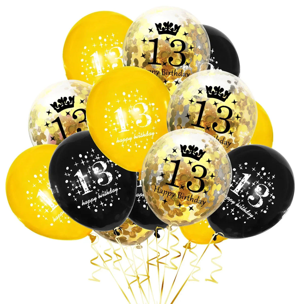 Lot de 15 Ballons Or, Argent et Confettis - 13e Anniversaire