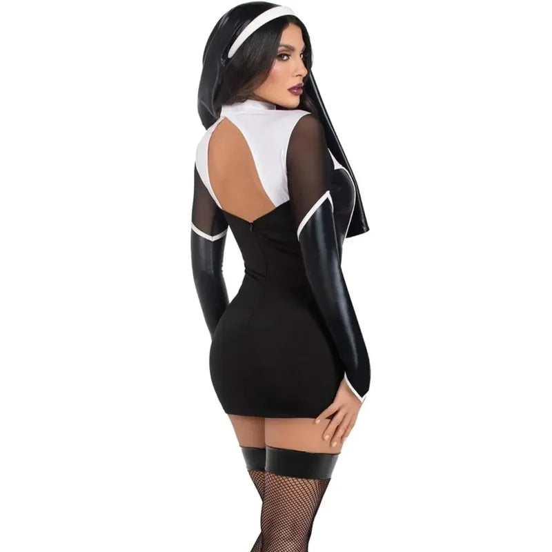 Déguisement Nonne Sexy en Simili-Cuir Noir – vue 4