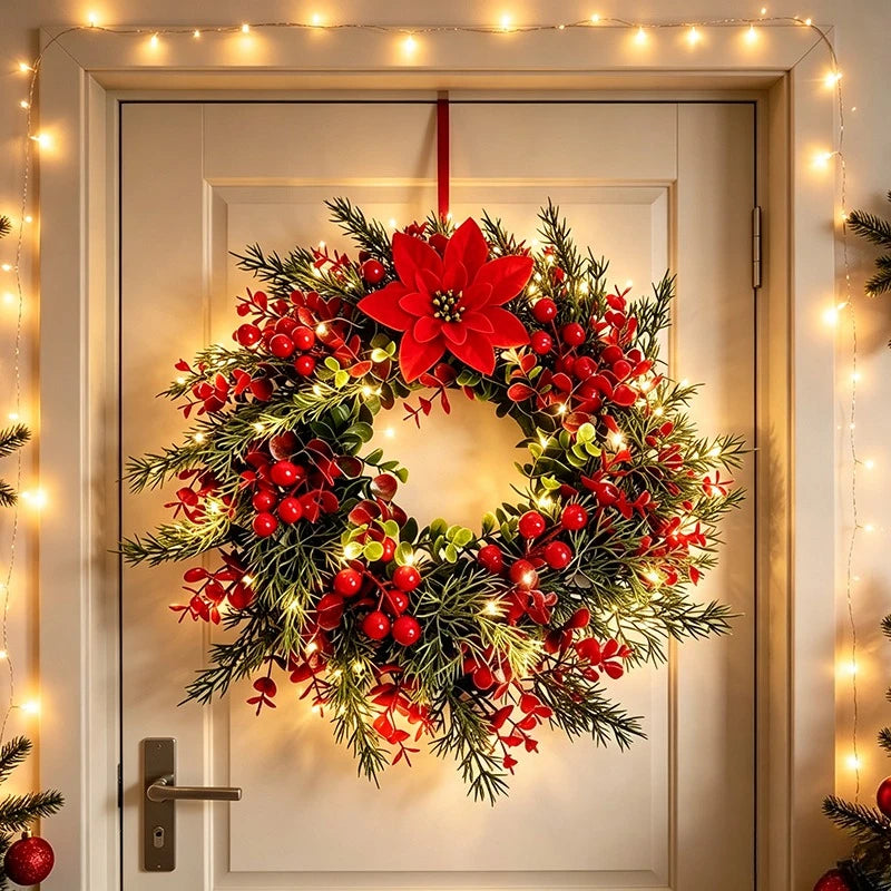 Couronne de Noël Lumineuse Pin et Eucalyptus avec Baies Rouges