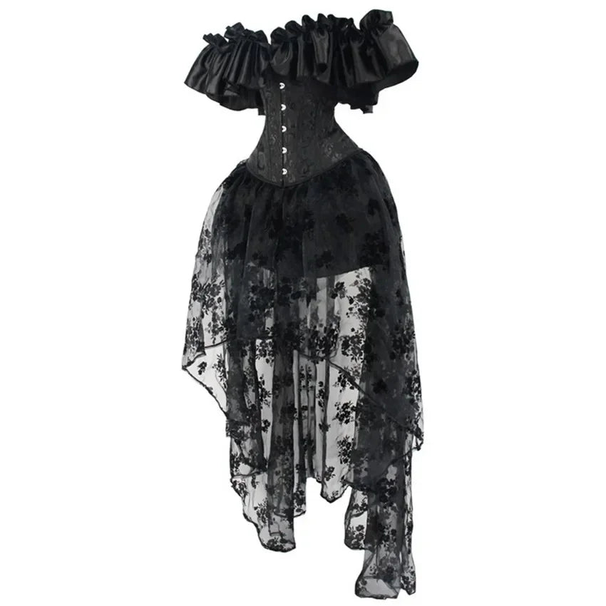 Robe Corset Gothique Noire Épaules Dénudées avec Jupe – vue 3
