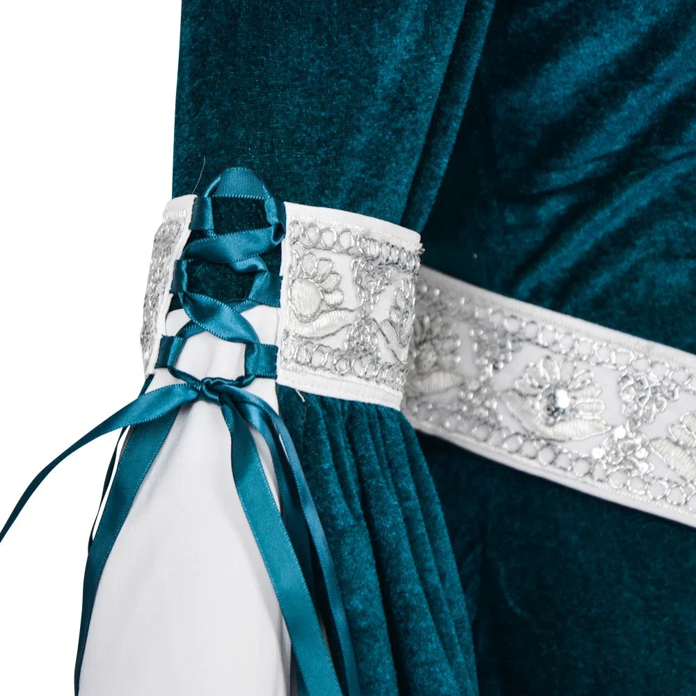 Robe d'Elfe Médiévale en Velours Bleu Canard – vue 5