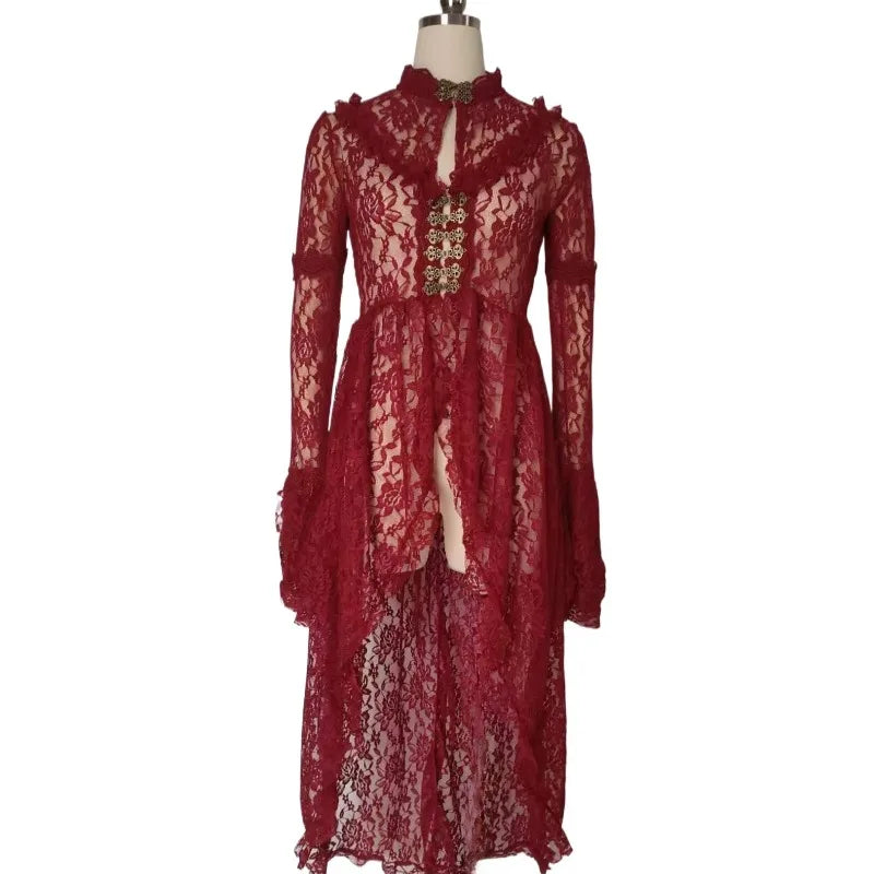 Robe Longue Gothique Médiévale en Dentelle Fleurie – vue 9