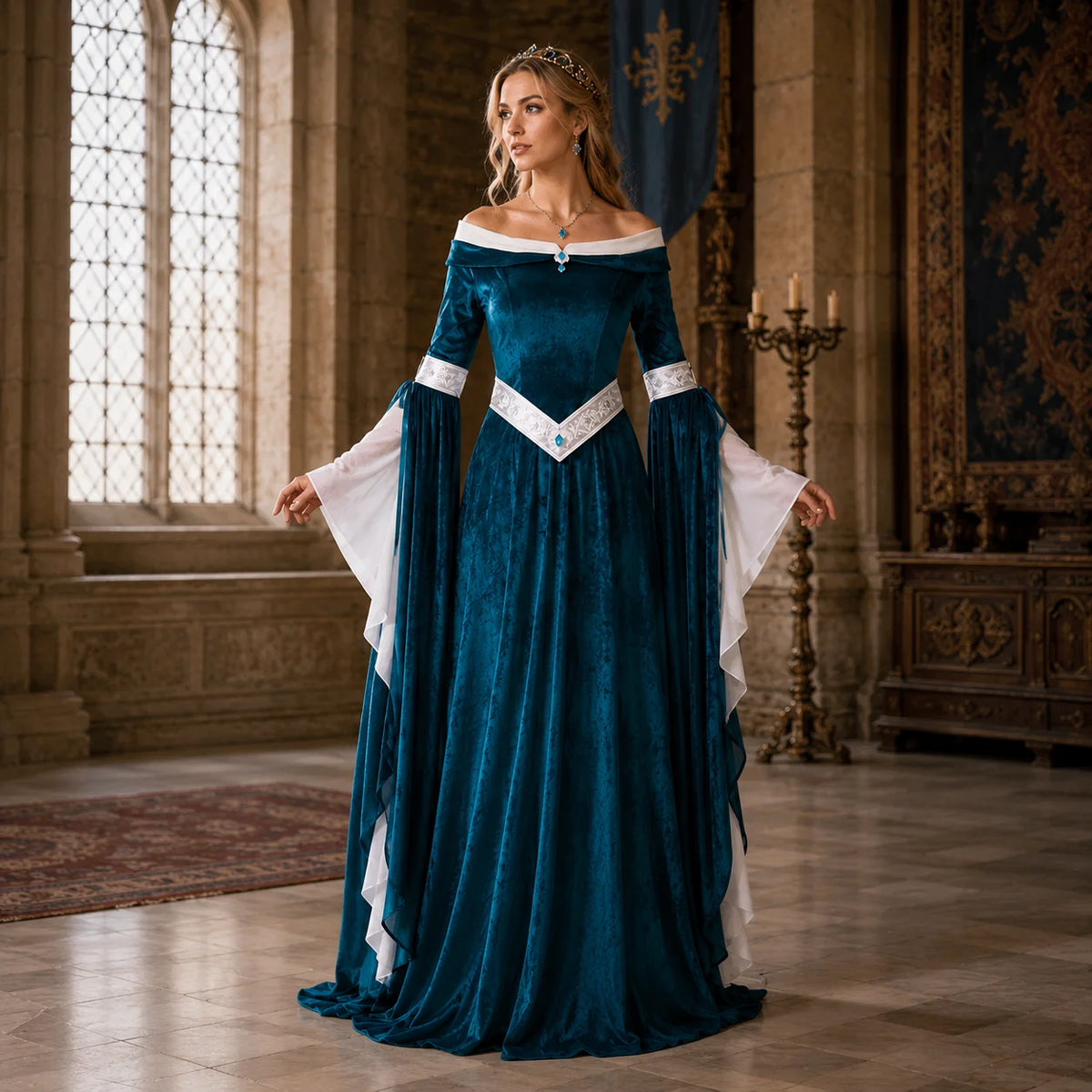 Robe d'Elfe Médiévale en Velours Bleu Canard
