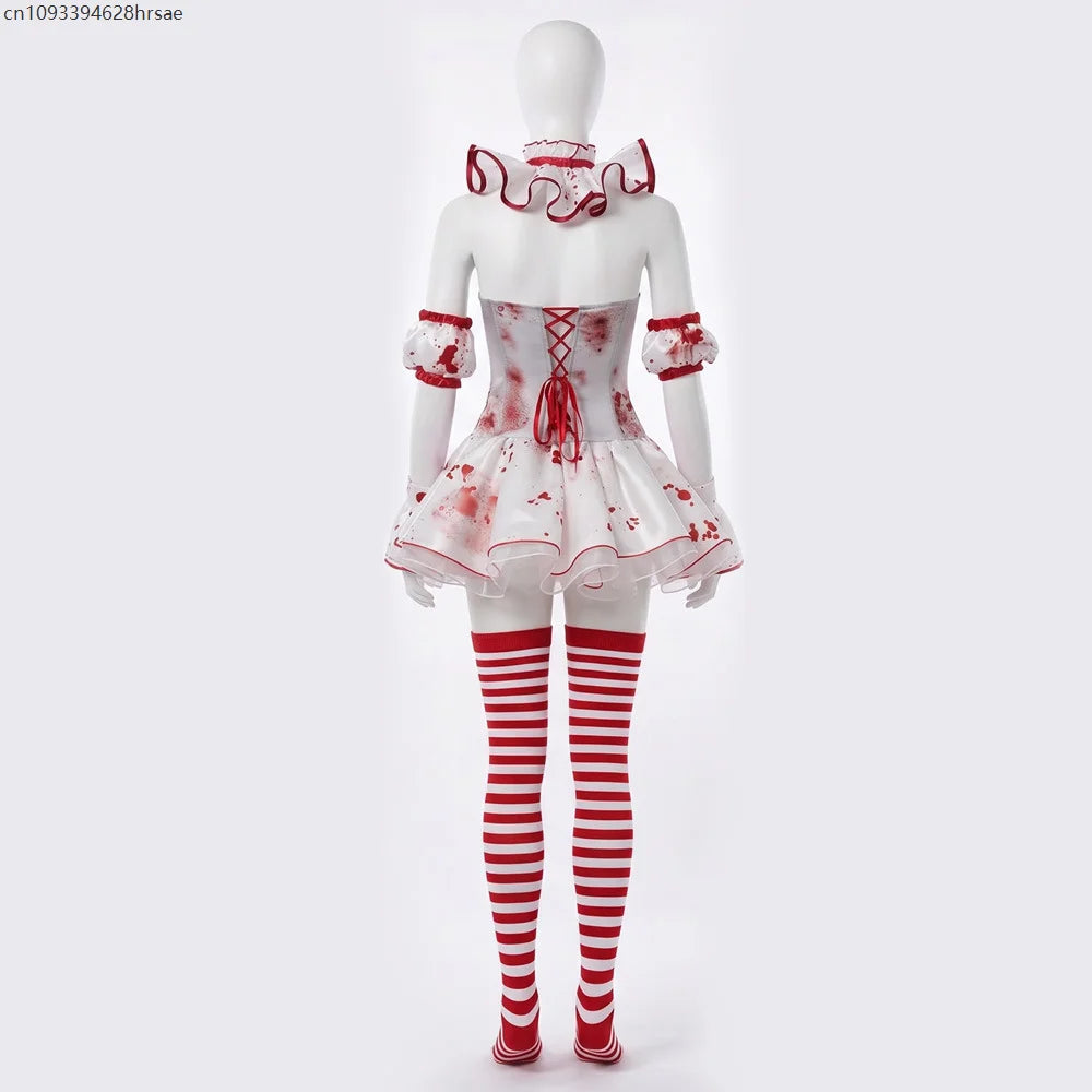 Déguisement Clown Sanglant Femme – Robe Rouge et Blanche avec Bas – vue 5