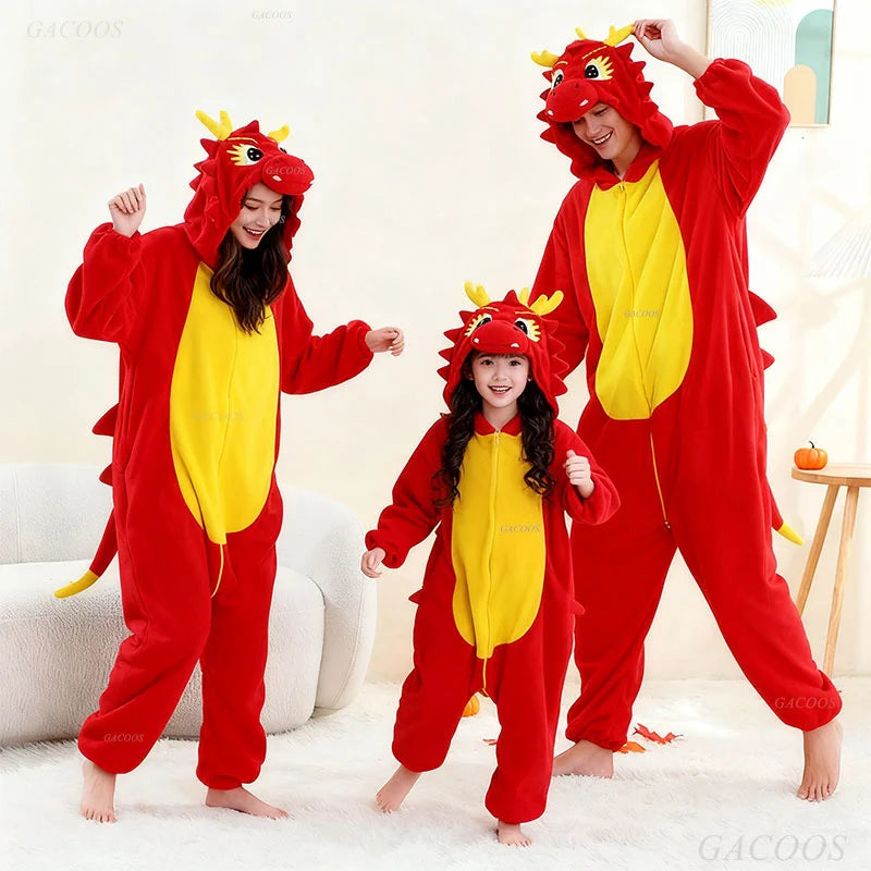 Combinaison Dragon Rouge Famille - Kigurumi à Capuche