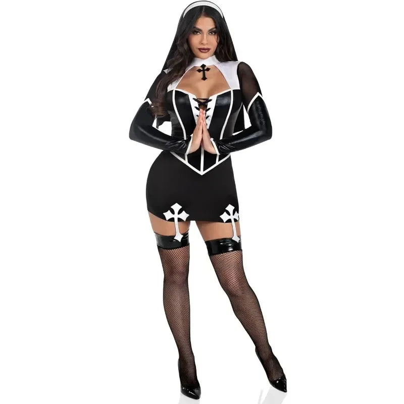 Déguisement Nonne Sexy en Simili-Cuir Noir – vue 6